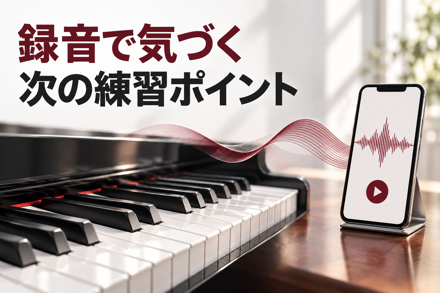 ピアノと音声波形を表示したスマートフォンで、録音から次の練習ポイントを見つけることを表す画像