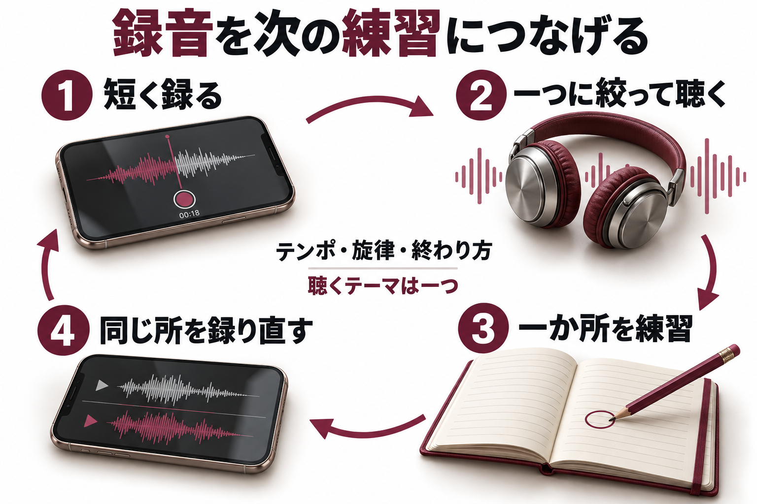 短く録る、一つに絞って聴く、一か所を練習、同じ所を録り直すという録音練習の循環図。聴くテーマはテンポ・旋律・終わり方から一つを選ぶ